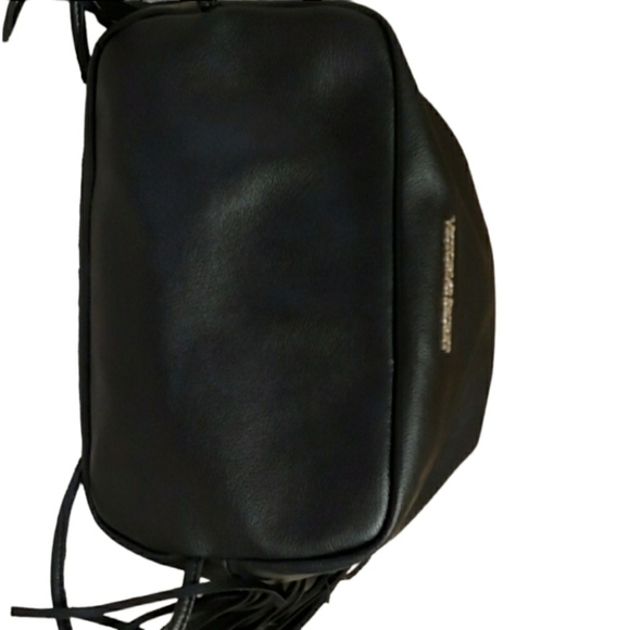 Victoria's Secret Large Black Faux Leather Fringe Drawstring Backpack Tote Purse - Picture 7 of 11